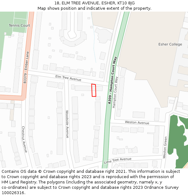 18, ELM TREE AVENUE, ESHER, KT10 8JG: Location map and indicative extent of plot