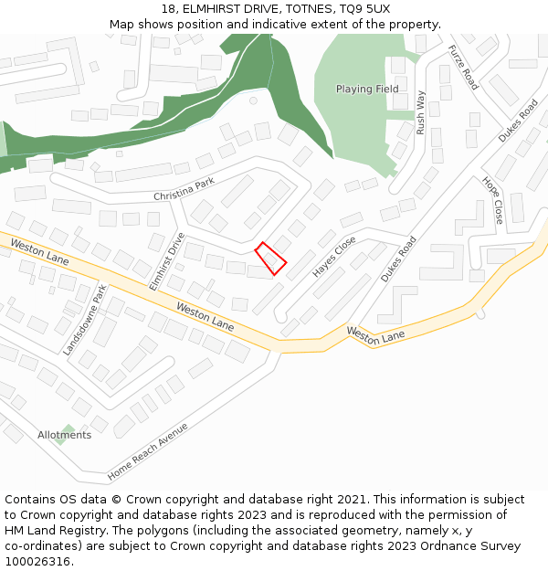 18, ELMHIRST DRIVE, TOTNES, TQ9 5UX: Location map and indicative extent of plot