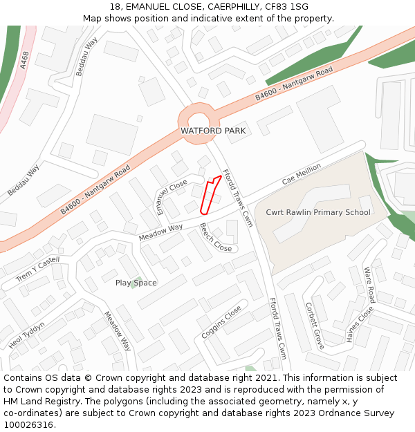 18, EMANUEL CLOSE, CAERPHILLY, CF83 1SG: Location map and indicative extent of plot