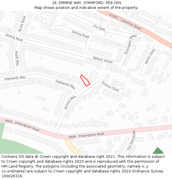 18, ERMINE WAY, STAMFORD, PE9 2XN: Location map and indicative extent of plot