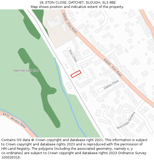 18, ETON CLOSE, DATCHET, SLOUGH, SL3 9BE: Location map and indicative extent of plot