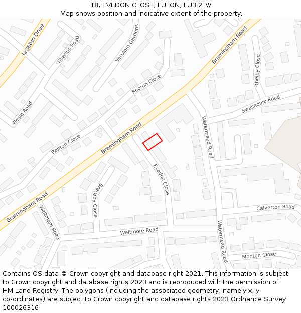 18, EVEDON CLOSE, LUTON, LU3 2TW: Location map and indicative extent of plot