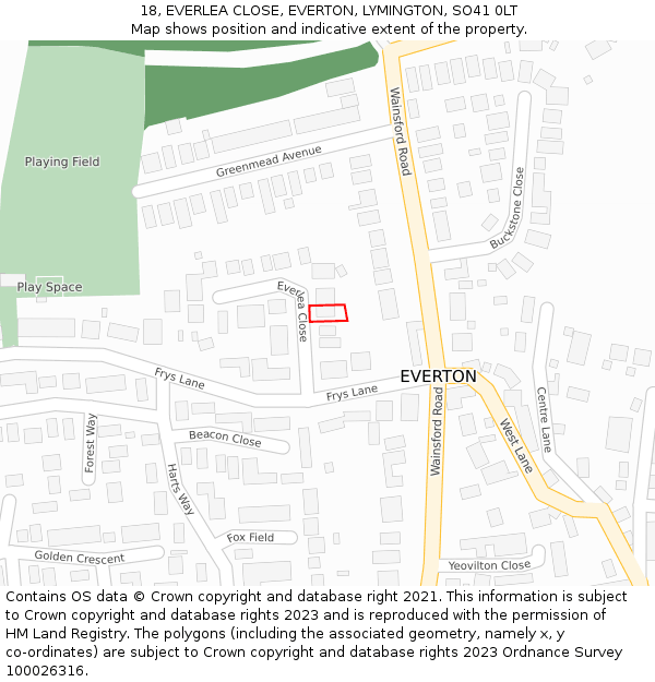 18, EVERLEA CLOSE, EVERTON, LYMINGTON, SO41 0LT: Location map and indicative extent of plot