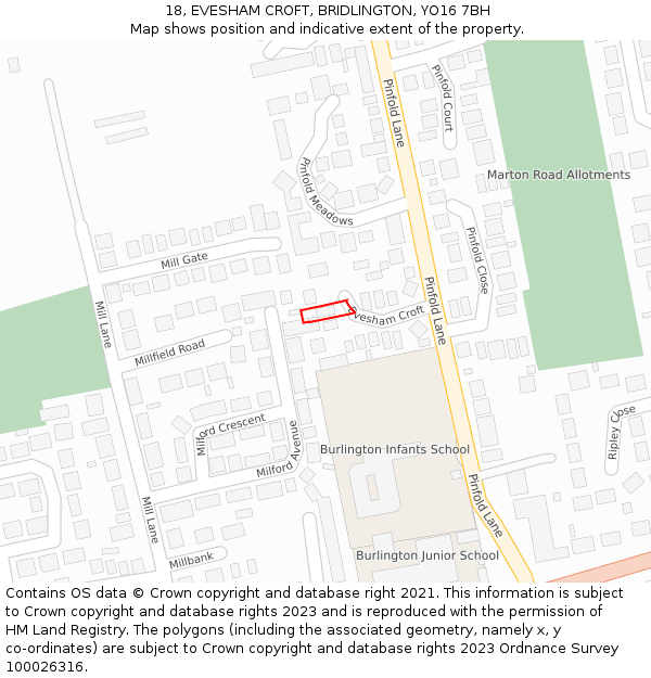 18, EVESHAM CROFT, BRIDLINGTON, YO16 7BH: Location map and indicative extent of plot