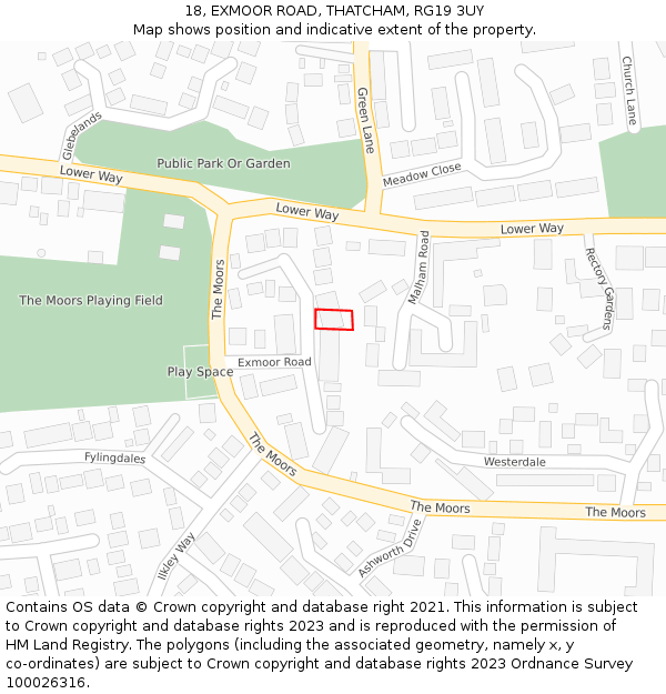 18, EXMOOR ROAD, THATCHAM, RG19 3UY: Location map and indicative extent of plot