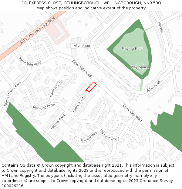 18, EXPRESS CLOSE, IRTHLINGBOROUGH, WELLINGBOROUGH, NN9 5RQ: Location map and indicative extent of plot