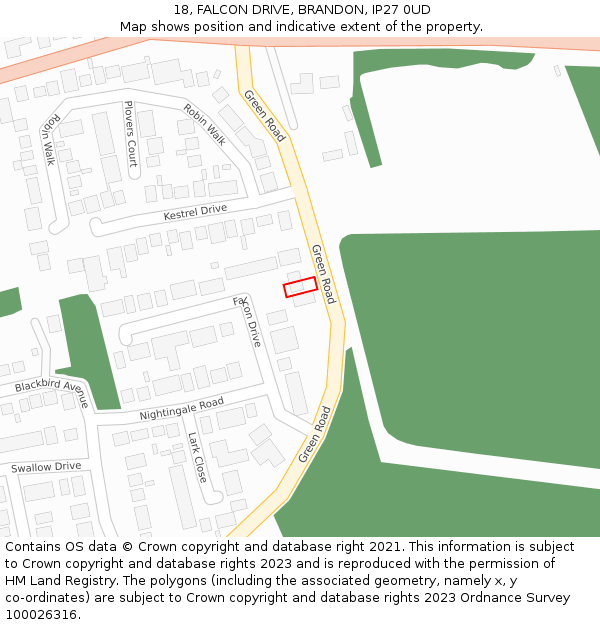 18, FALCON DRIVE, BRANDON, IP27 0UD: Location map and indicative extent of plot