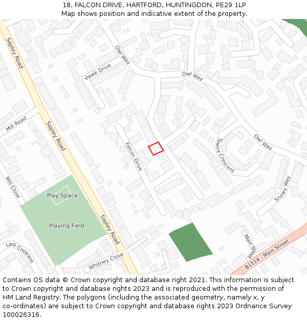 18, FALCON DRIVE, HARTFORD, HUNTINGDON, PE29 1LP: Location map and indicative extent of plot