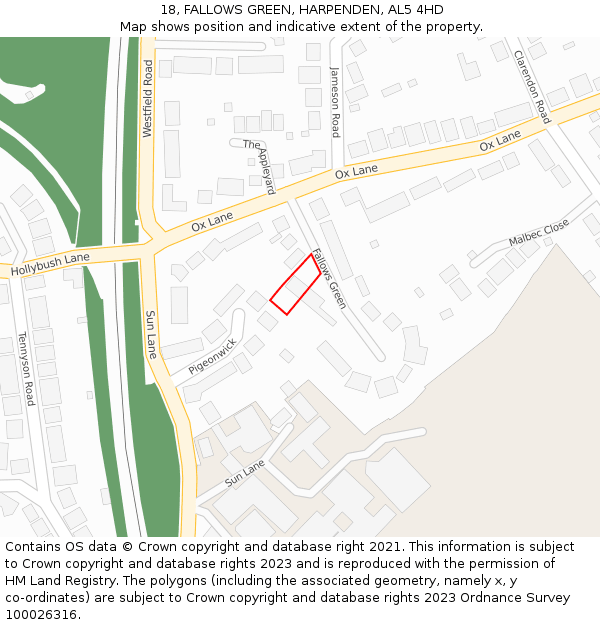 18, FALLOWS GREEN, HARPENDEN, AL5 4HD: Location map and indicative extent of plot