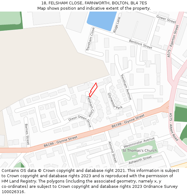 18, FELSHAM CLOSE, FARNWORTH, BOLTON, BL4 7ES: Location map and indicative extent of plot