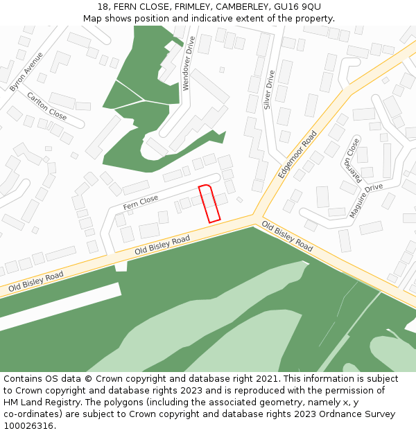 18, FERN CLOSE, FRIMLEY, CAMBERLEY, GU16 9QU: Location map and indicative extent of plot