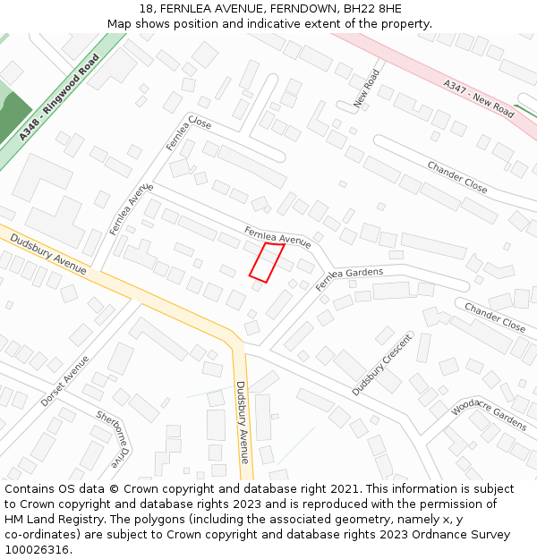 18, FERNLEA AVENUE, FERNDOWN, BH22 8HE: Location map and indicative extent of plot