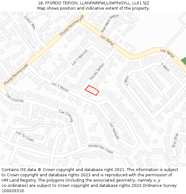 18, FFORDD TEIFION, LLANFAIRPWLLGWYNGYLL, LL61 5JZ: Location map and indicative extent of plot