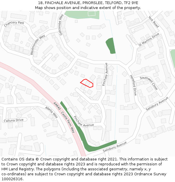 18, FINCHALE AVENUE, PRIORSLEE, TELFORD, TF2 9YE: Location map and indicative extent of plot