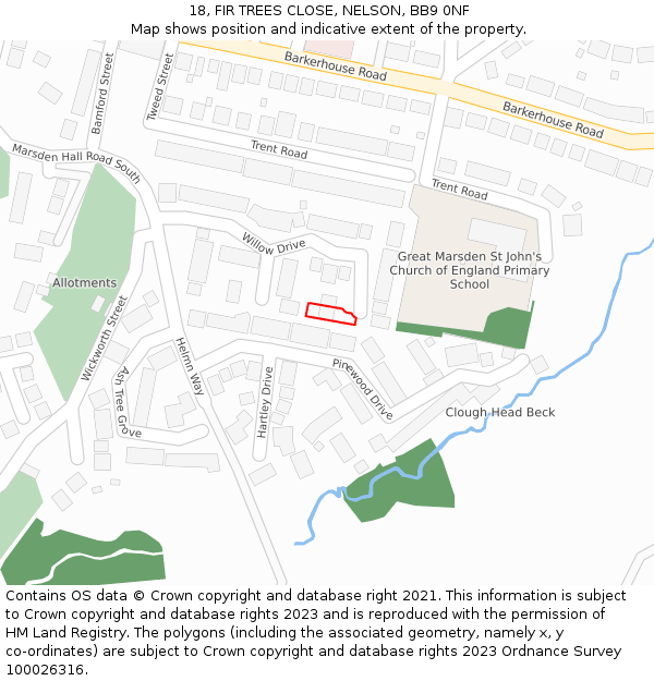18, FIR TREES CLOSE, NELSON, BB9 0NF: Location map and indicative extent of plot