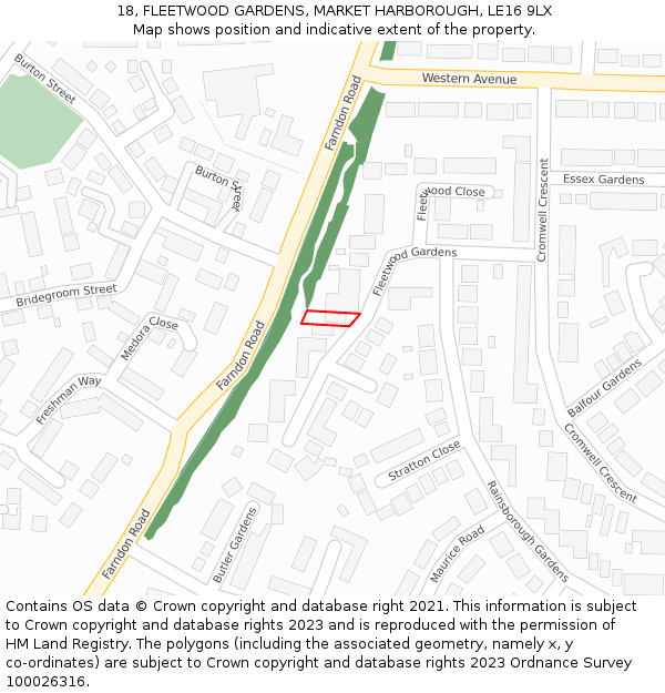 18, FLEETWOOD GARDENS, MARKET HARBOROUGH, LE16 9LX: Location map and indicative extent of plot