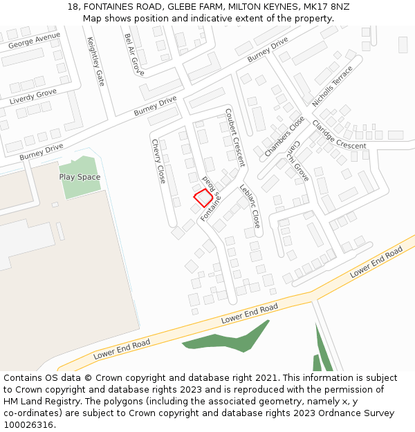 18, FONTAINES ROAD, GLEBE FARM, MILTON KEYNES, MK17 8NZ: Location map and indicative extent of plot