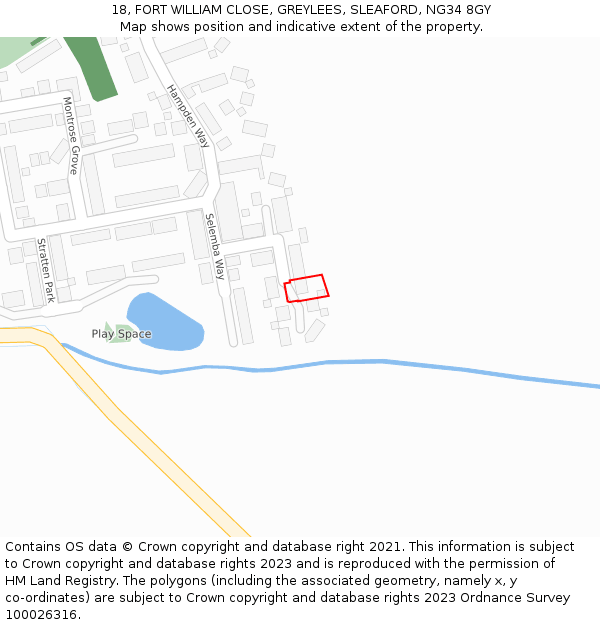 18, FORT WILLIAM CLOSE, GREYLEES, SLEAFORD, NG34 8GY: Location map and indicative extent of plot