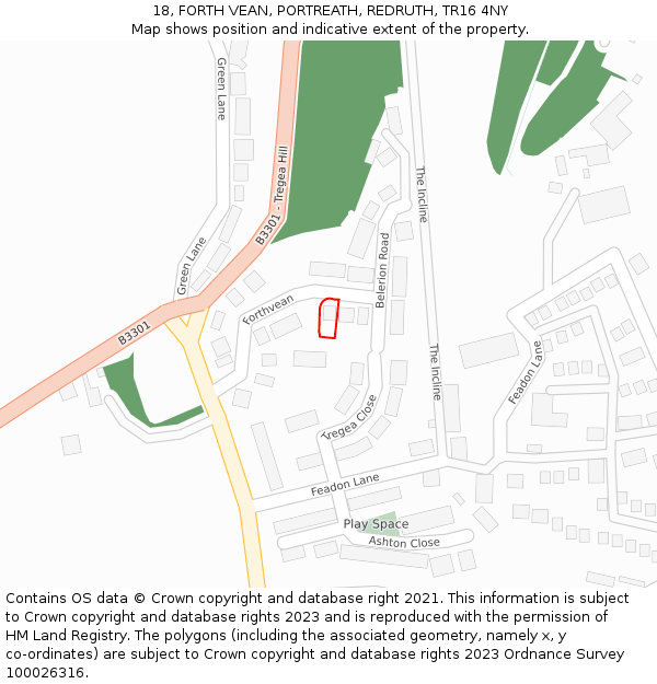 18, FORTH VEAN, PORTREATH, REDRUTH, TR16 4NY: Location map and indicative extent of plot
