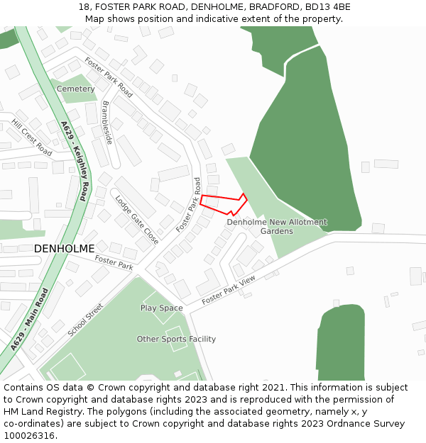 18, FOSTER PARK ROAD, DENHOLME, BRADFORD, BD13 4BE: Location map and indicative extent of plot