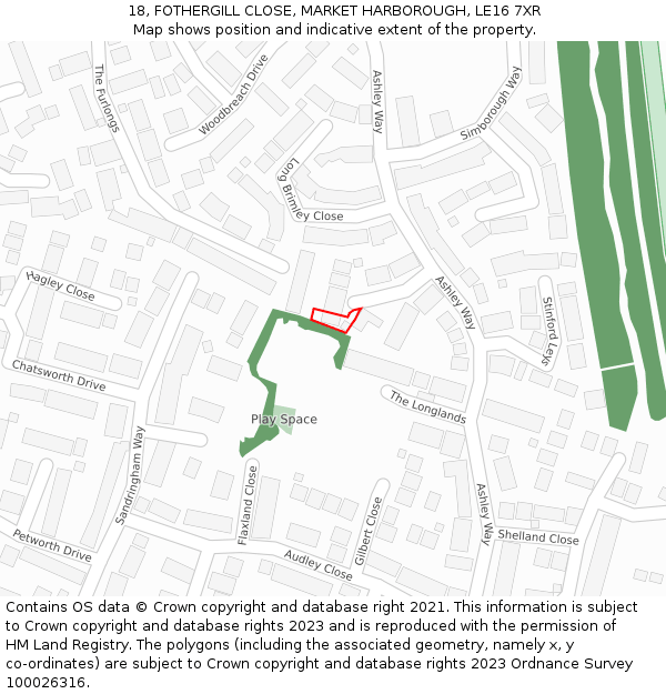 18, FOTHERGILL CLOSE, MARKET HARBOROUGH, LE16 7XR: Location map and indicative extent of plot