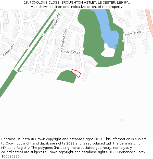 18, FOXGLOVE CLOSE, BROUGHTON ASTLEY, LEICESTER, LE9 6YU: Location map and indicative extent of plot