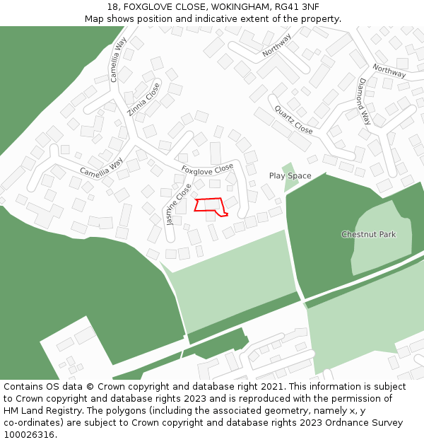 18, FOXGLOVE CLOSE, WOKINGHAM, RG41 3NF: Location map and indicative extent of plot