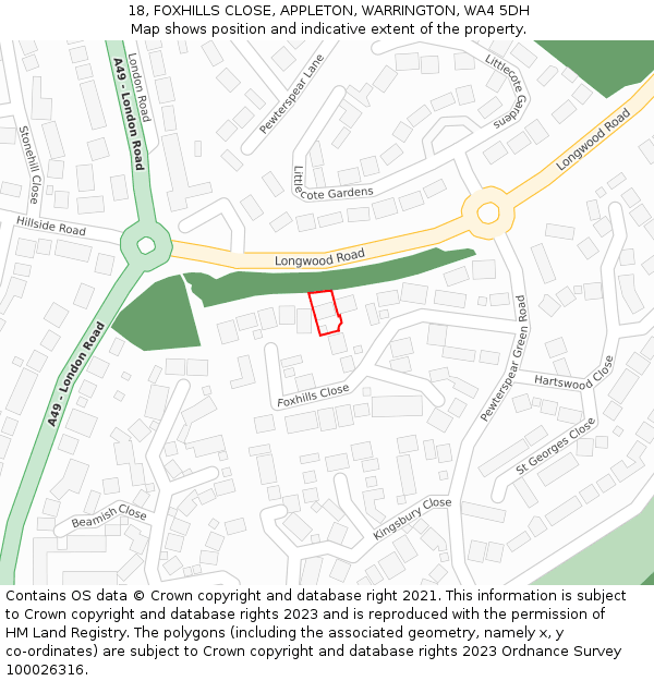 18, FOXHILLS CLOSE, APPLETON, WARRINGTON, WA4 5DH: Location map and indicative extent of plot