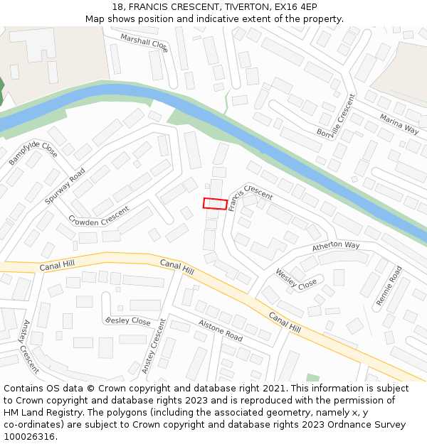 18, FRANCIS CRESCENT, TIVERTON, EX16 4EP: Location map and indicative extent of plot