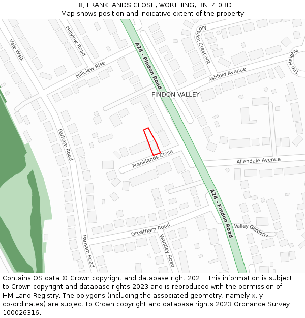 18, FRANKLANDS CLOSE, WORTHING, BN14 0BD: Location map and indicative extent of plot