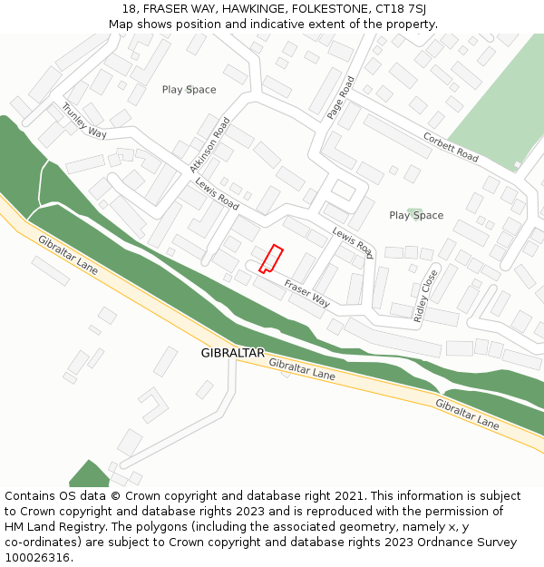18, FRASER WAY, HAWKINGE, FOLKESTONE, CT18 7SJ: Location map and indicative extent of plot