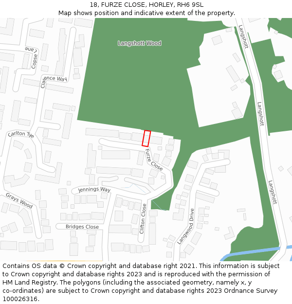 18, FURZE CLOSE, HORLEY, RH6 9SL: Location map and indicative extent of plot