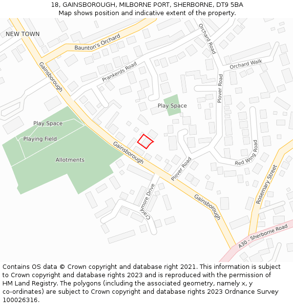 18, GAINSBOROUGH, MILBORNE PORT, SHERBORNE, DT9 5BA: Location map and indicative extent of plot