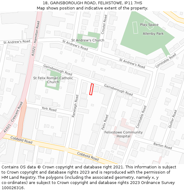 18, GAINSBOROUGH ROAD, FELIXSTOWE, IP11 7HS: Location map and indicative extent of plot