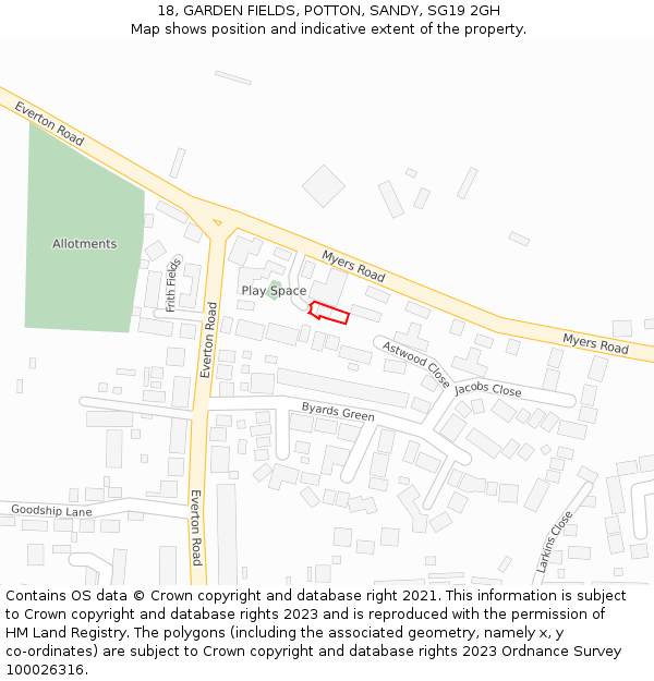 18, GARDEN FIELDS, POTTON, SANDY, SG19 2GH: Location map and indicative extent of plot