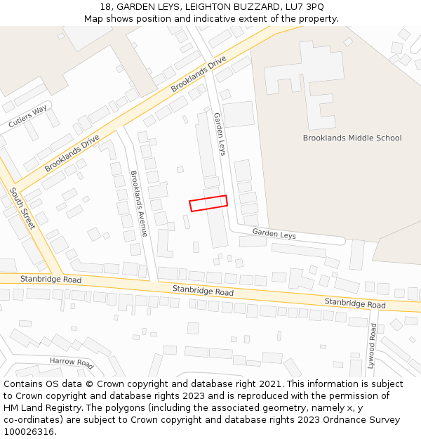 18, GARDEN LEYS, LEIGHTON BUZZARD, LU7 3PQ: Location map and indicative extent of plot