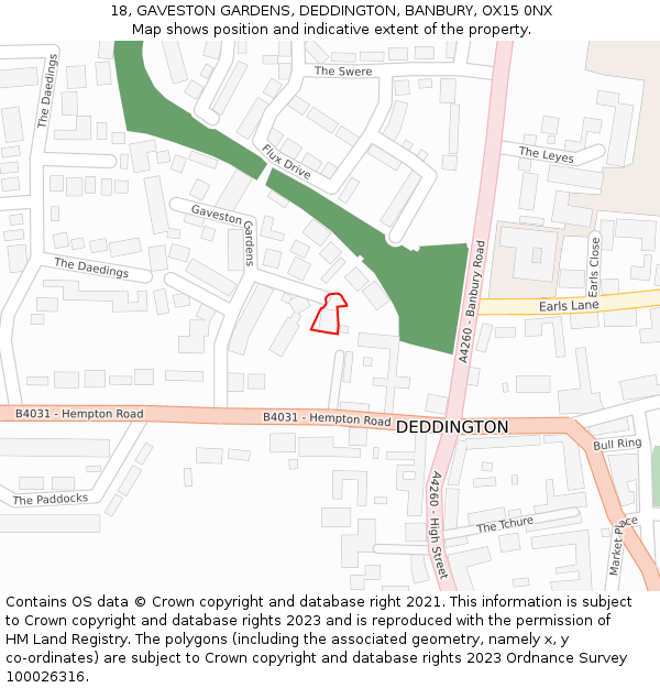 18, GAVESTON GARDENS, DEDDINGTON, BANBURY, OX15 0NX: Location map and indicative extent of plot