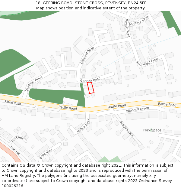 18, GEERING ROAD, STONE CROSS, PEVENSEY, BN24 5FF: Location map and indicative extent of plot