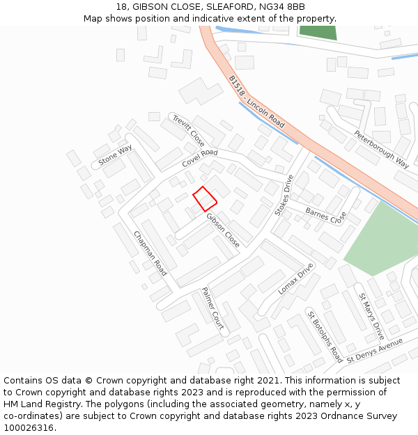 18, GIBSON CLOSE, SLEAFORD, NG34 8BB: Location map and indicative extent of plot