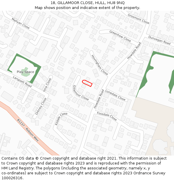 18, GILLAMOOR CLOSE, HULL, HU8 9NQ: Location map and indicative extent of plot