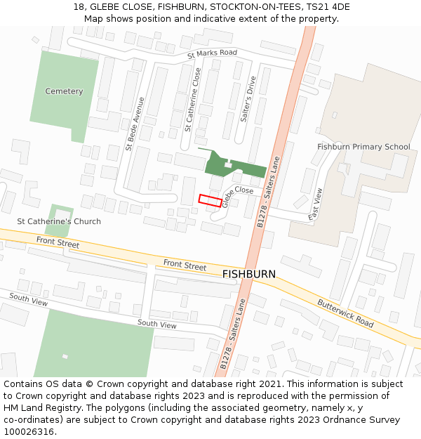 18, GLEBE CLOSE, FISHBURN, STOCKTON-ON-TEES, TS21 4DE: Location map and indicative extent of plot