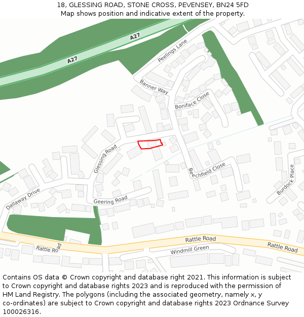 18, GLESSING ROAD, STONE CROSS, PEVENSEY, BN24 5FD: Location map and indicative extent of plot