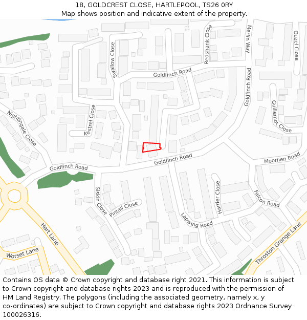 18, GOLDCREST CLOSE, HARTLEPOOL, TS26 0RY: Location map and indicative extent of plot