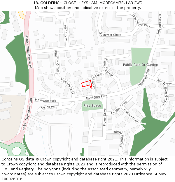 18, GOLDFINCH CLOSE, HEYSHAM, MORECAMBE, LA3 2WD: Location map and indicative extent of plot
