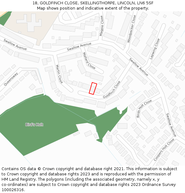 18, GOLDFINCH CLOSE, SKELLINGTHORPE, LINCOLN, LN6 5SF: Location map and indicative extent of plot