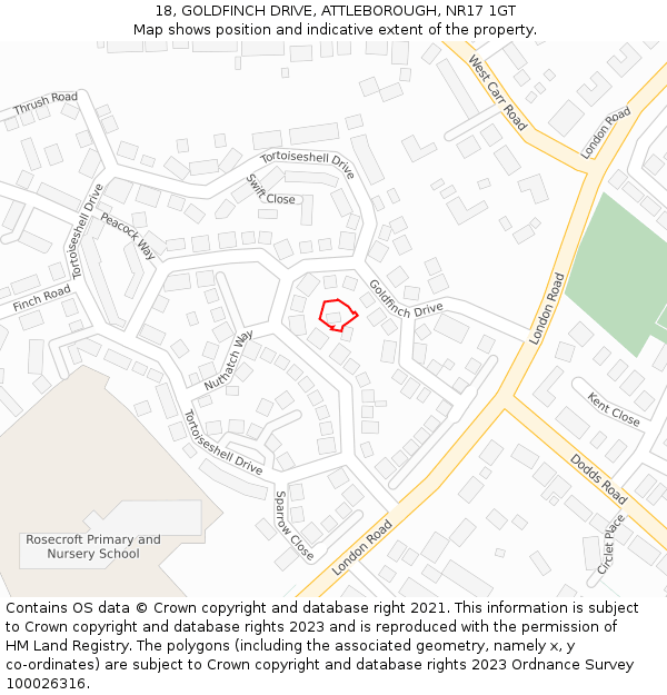 18, GOLDFINCH DRIVE, ATTLEBOROUGH, NR17 1GT: Location map and indicative extent of plot