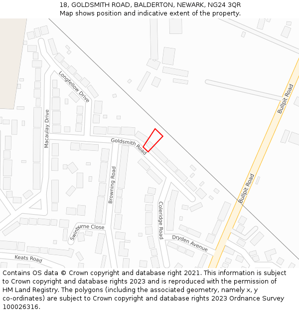 18, GOLDSMITH ROAD, BALDERTON, NEWARK, NG24 3QR: Location map and indicative extent of plot