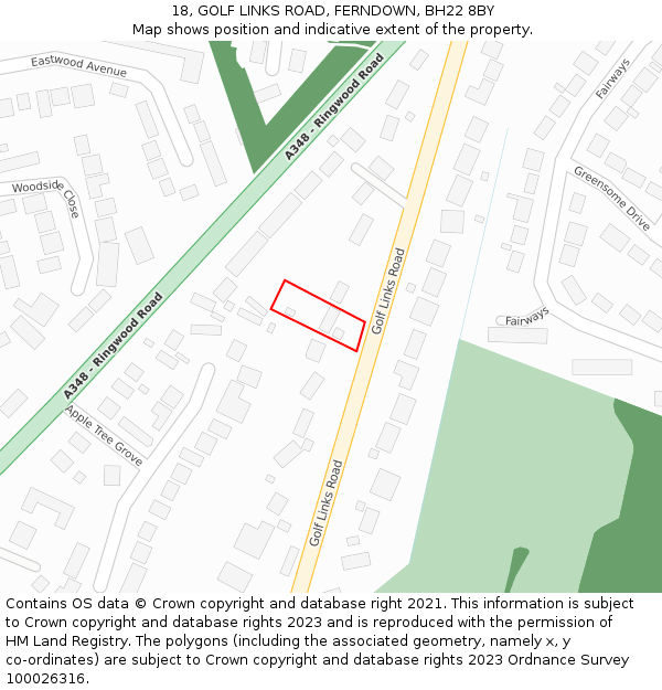 18, GOLF LINKS ROAD, FERNDOWN, BH22 8BY: Location map and indicative extent of plot