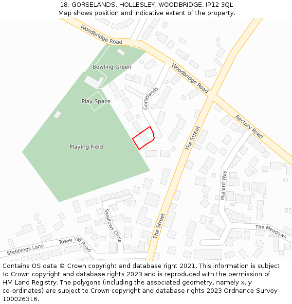 18, GORSELANDS, HOLLESLEY, WOODBRIDGE, IP12 3QL: Location map and indicative extent of plot