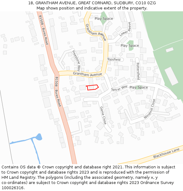 18, GRANTHAM AVENUE, GREAT CORNARD, SUDBURY, CO10 0ZG: Location map and indicative extent of plot